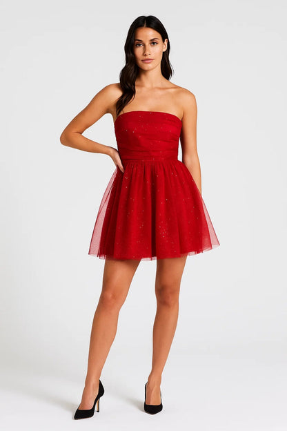 Strapless Cocktailjurk | Korte Tulle Look met Glittereffect | Lichtgewicht en Ademend