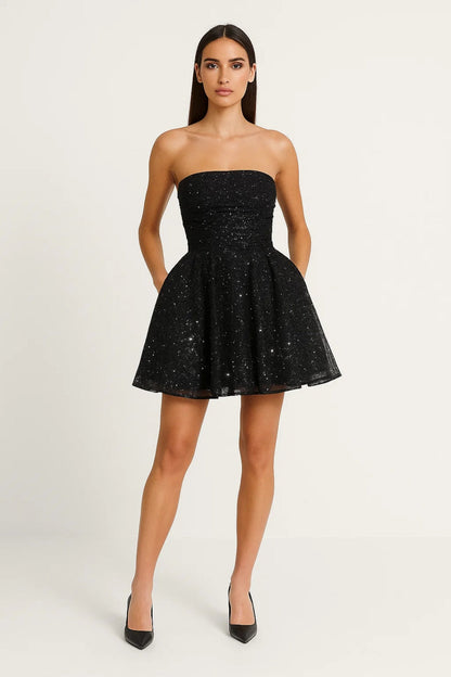Strapless Cocktailjurk | Korte Tulle Look met Glittereffect | Lichtgewicht en Ademend