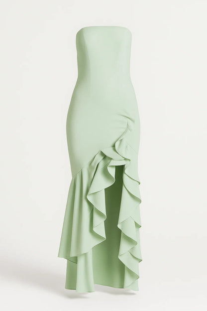 Strapless Jurk Lang | Speelse Volants met Split | Lichtgewicht en Ademend