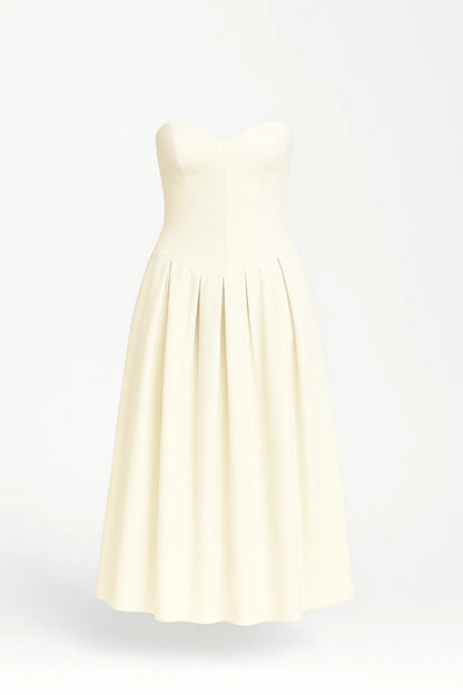 Strapless Midi Jurk | Geplooide A-Lijn Snit | Lichtgewicht en Ademend