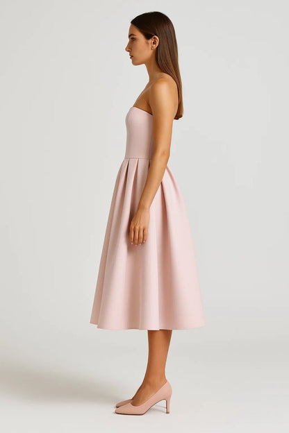 Strapless Midi Jurk | Geplooide Uitlopende Rok | Tijdloze Elegantie