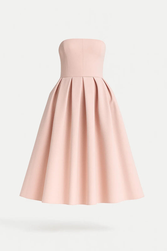 Midi Jurk Dames - Strapless met Wijde Geplooide Rok | Elegant