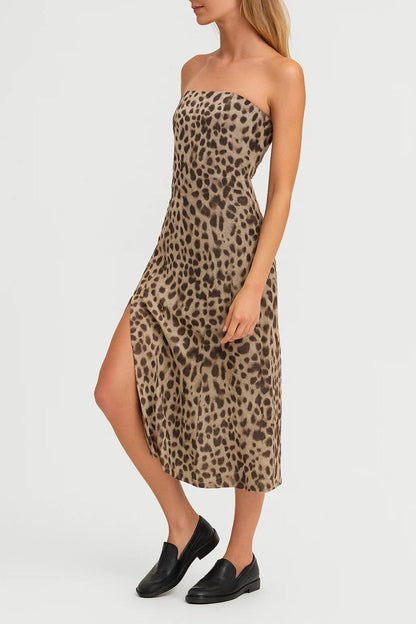 Strapless Midi Jurk | Getailleerd Model met Panterprint | Lichtgewicht en Ademend