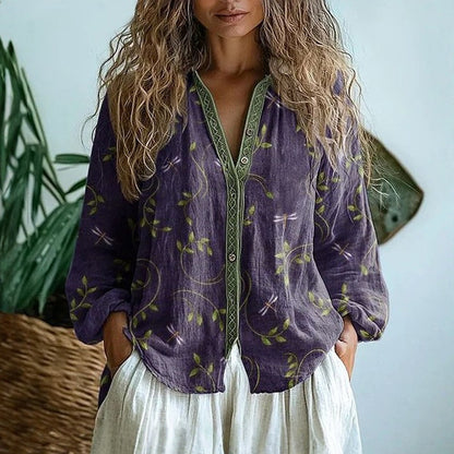 Tess - Boho Linnen Blouse Dames met Bloemenprint en V-hals
