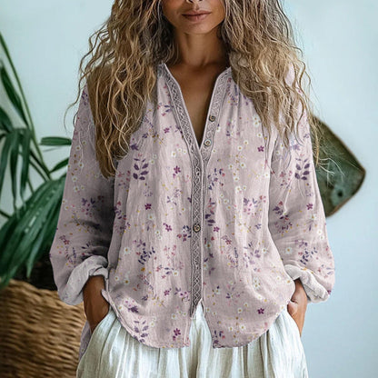 Tess - Boho Linnen Blouse Dames met Bloemenprint en V-hals