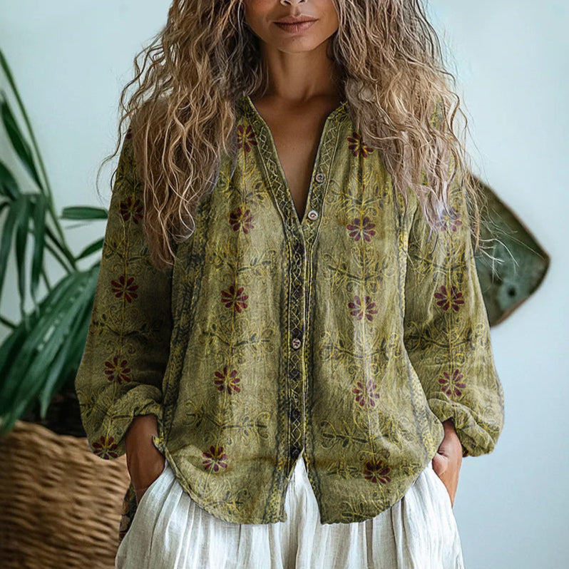 Tess - Boho Linnen Blouse Dames met Bloemenprint en V-hals