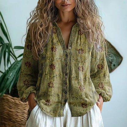 Tess - Boho Linnen Blouse Dames met Bloemenprint en V-hals
