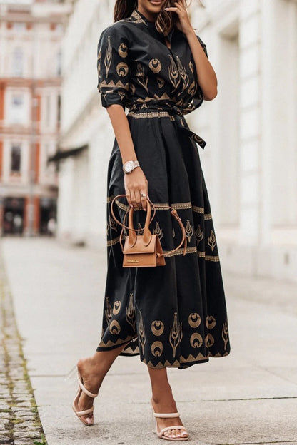 Tess - Boho Zomerjurk Dames Midi met Etnische Print en Strikceintuur