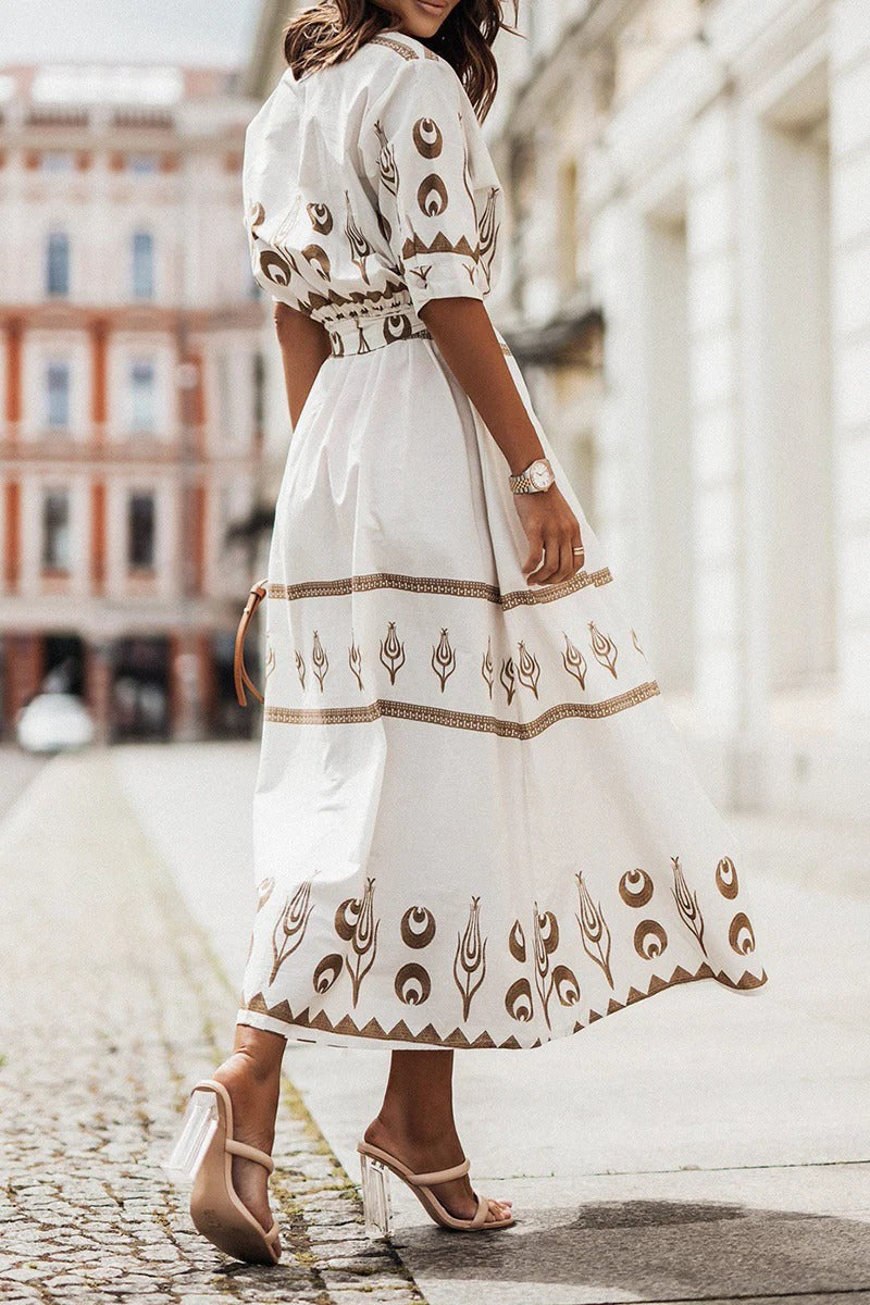Tess - Boho Zomerjurk Dames Midi met Etnische Print en Strikceintuur