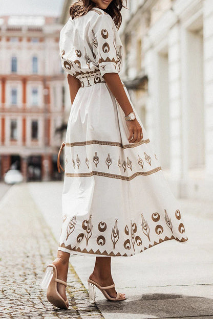 Tess - Boho Zomerjurk Dames Midi met Etnische Print en Strikceintuur