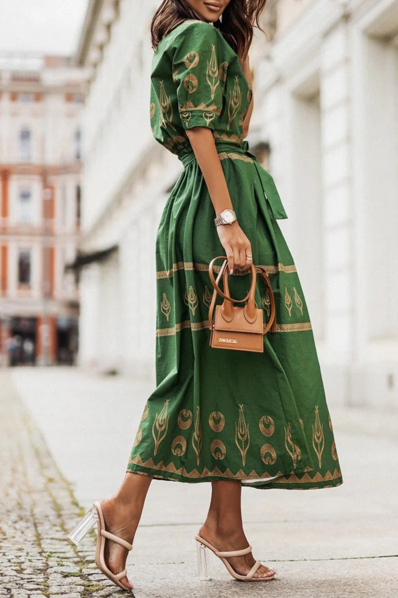 Tess - Boho Zomerjurk Dames Midi met Etnische Print en Strikceintuur