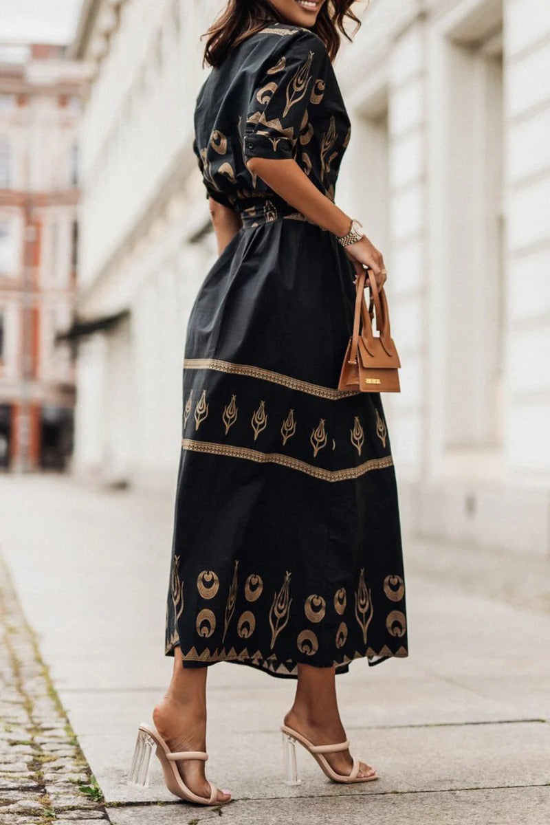 Tess - Boho Zomerjurk Dames Midi met Etnische Print en Strikceintuur