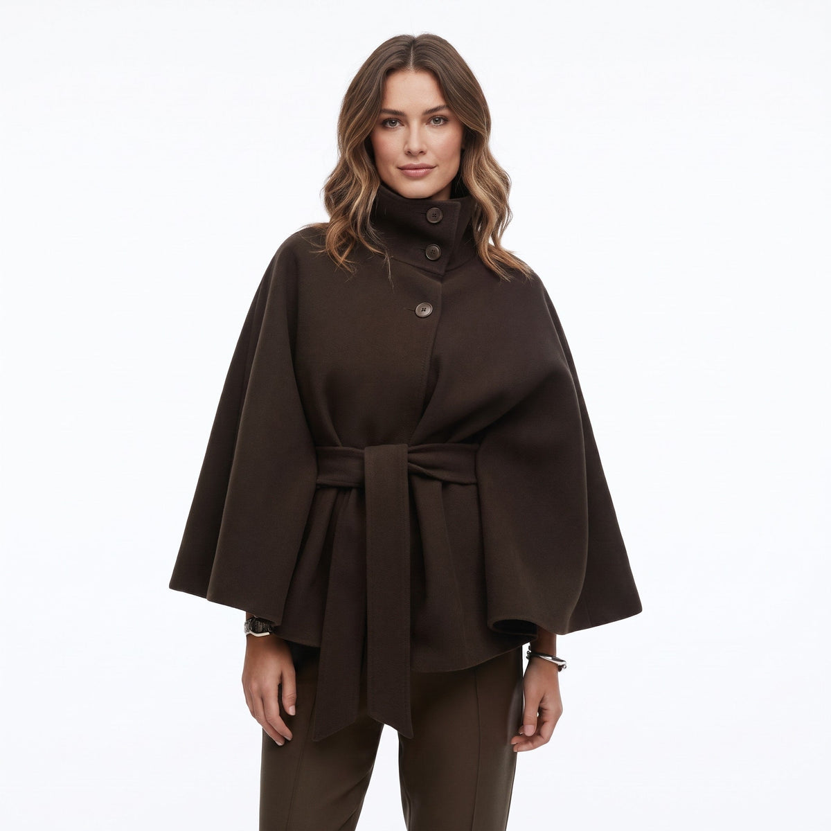 Tess - Cape dames kort en warm oversized met ceintuur en hoge kraag