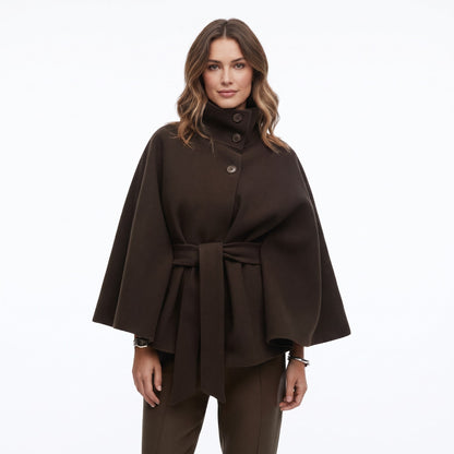 Tess - Cape dames kort en warm oversized met ceintuur en hoge kraag