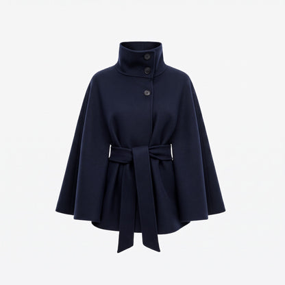 Tess - Cape dames kort en warm oversized met ceintuur en hoge kraag
