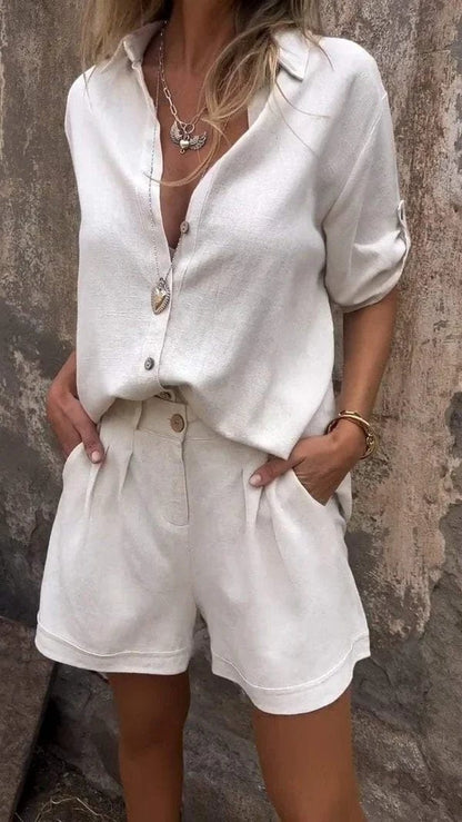 Tess - Casual Linnen Blouse Dames met Klassieke Kraag en Oprolbare Mouwen