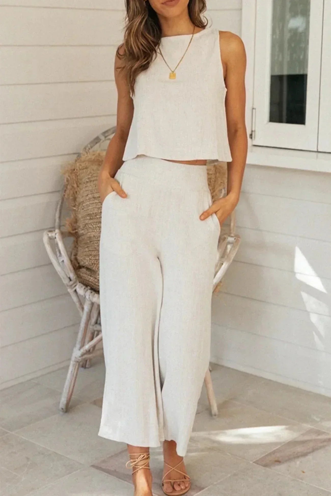 Tess - Casual Linnen Co-ord Set Dames met Crop Top en Wijde Palazzo Broek
