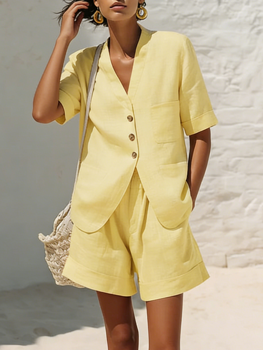 Tess - Casual Linnen Zomerset Dames met Shorts en Knoopblouse