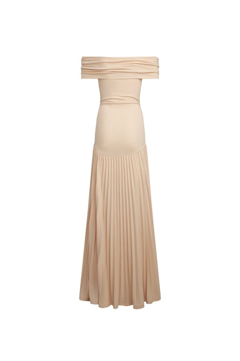 Tess - Chique Bruiloft Gastenjurk Dames met Off-shoulder en Geplooide Maxi Rok