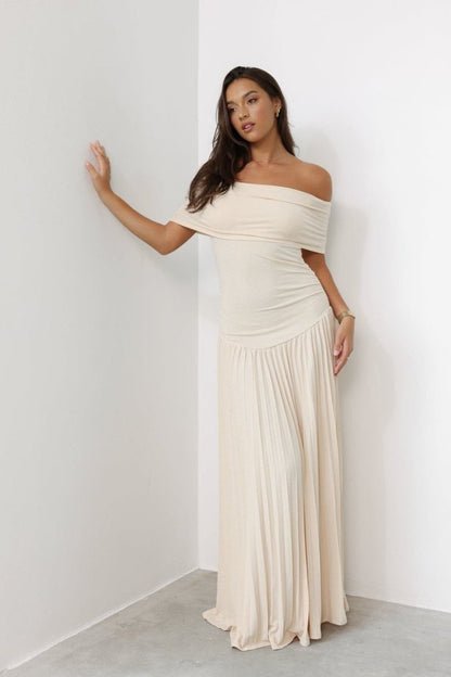 Tess - Chique Bruiloft Gastenjurk Dames met Off-shoulder en Geplooide Maxi Rok