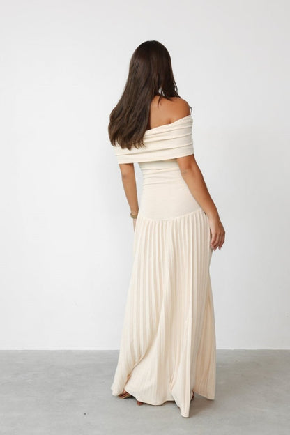 Tess - Chique Bruiloft Gastenjurk Dames met Off-shoulder en Geplooide Maxi Rok