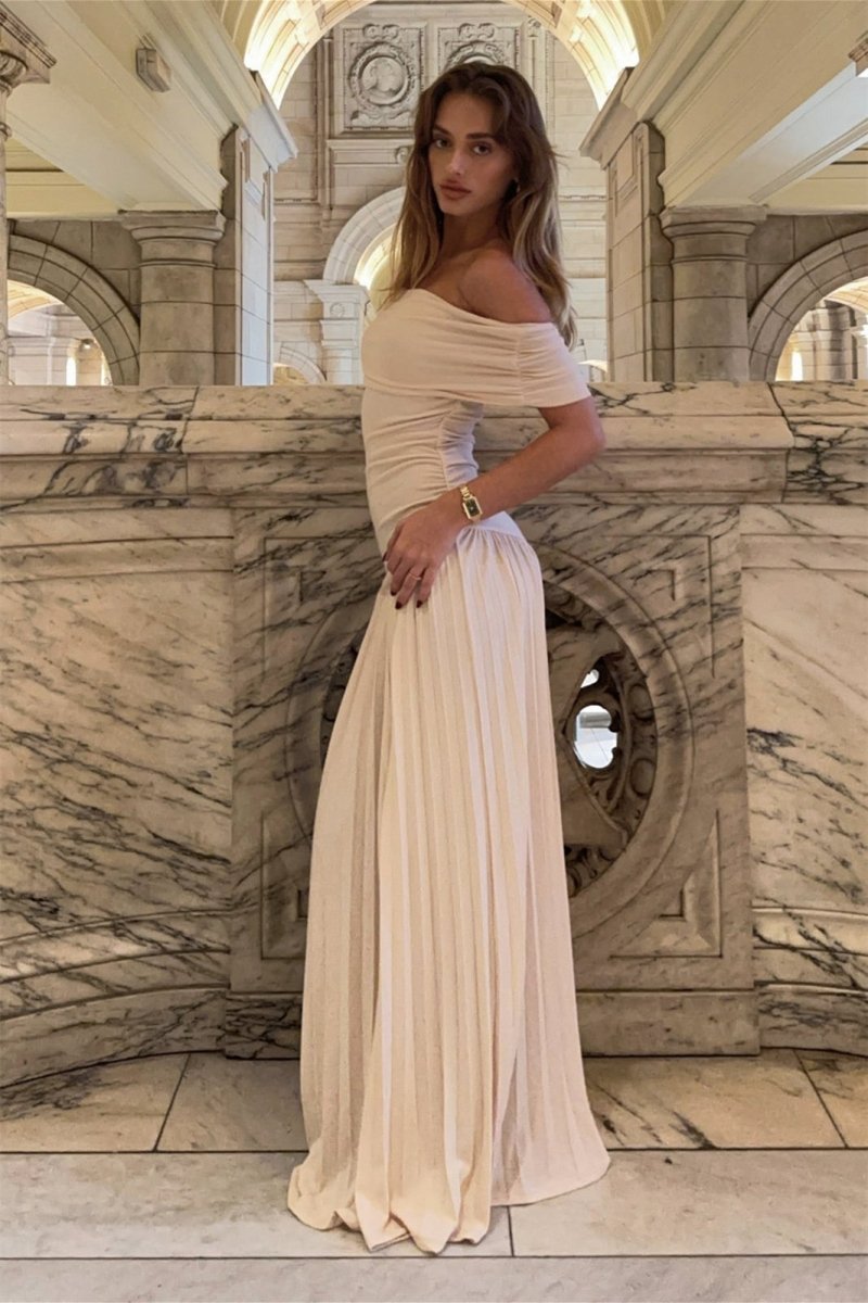 Tess - Chique Bruiloft Gastenjurk Dames met Off-shoulder en Geplooide Maxi Rok