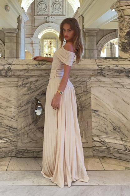 Tess - Chique Bruiloft Gastenjurk Dames met Off-shoulder en Geplooide Maxi Rok