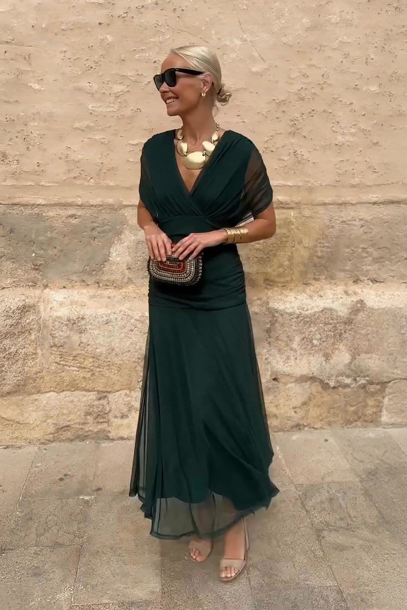 Tess - Elegante Bruiloft Gastenjurk Dames met Diepe V-hals en Vloeiende Maxi-rok