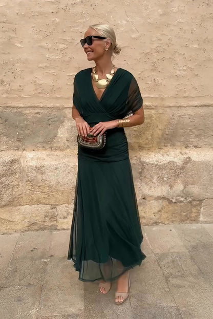 Tess - Elegante Bruiloft Gastenjurk Dames met Diepe V-hals en Vloeiende Maxi-rok
