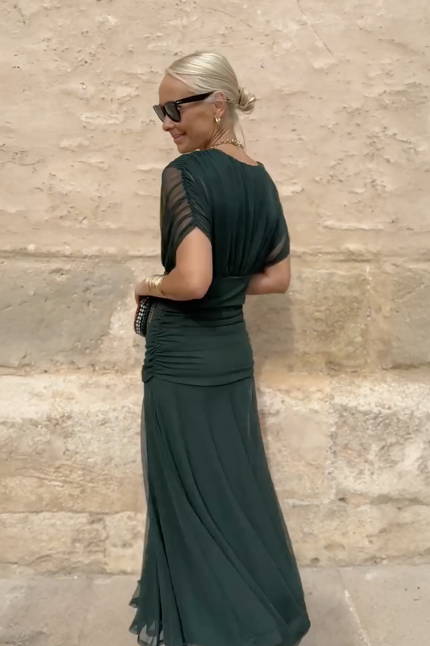 Tess - Elegante Bruiloft Gastenjurk Dames met Diepe V-hals en Vloeiende Maxi-rok