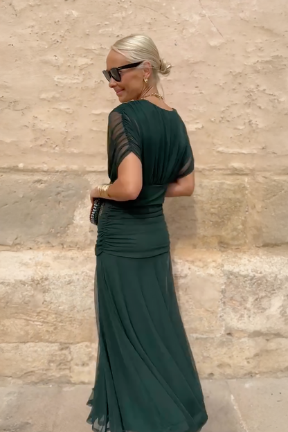Tess - Elegante Bruiloft Gastenjurk Dames met Diepe V-hals en Vloeiende Maxi-rok