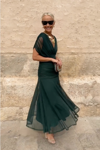 Tess - Elegante Bruiloft Gastenjurk Dames met Diepe V-hals en Vloeiende Maxi-rok