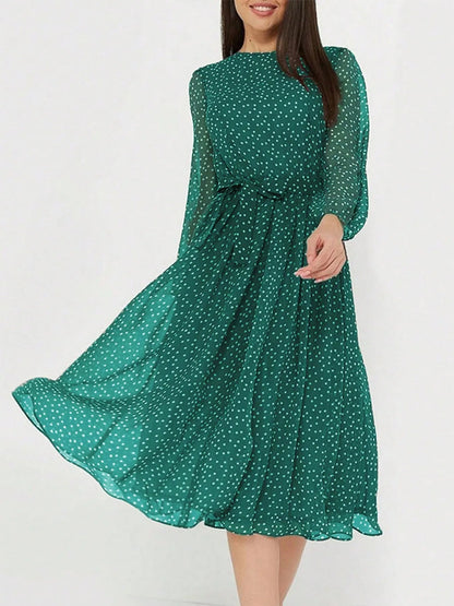 Tess - Elegante Bruiloft Gastenjurk Dames met Hoge Hals en Stippelprint