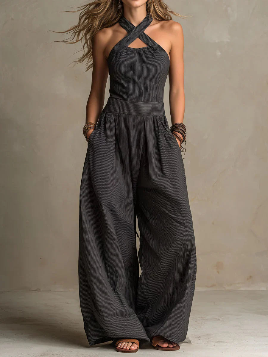 Tess - Elegante Linnen Jumpsuit Dames met Gekruiste Halternek en Palazzo Pijpen