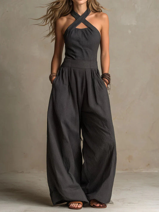 Tess - Elegante Linnen Jumpsuit Dames met Gekruiste Halternek en Palazzo Pijpen