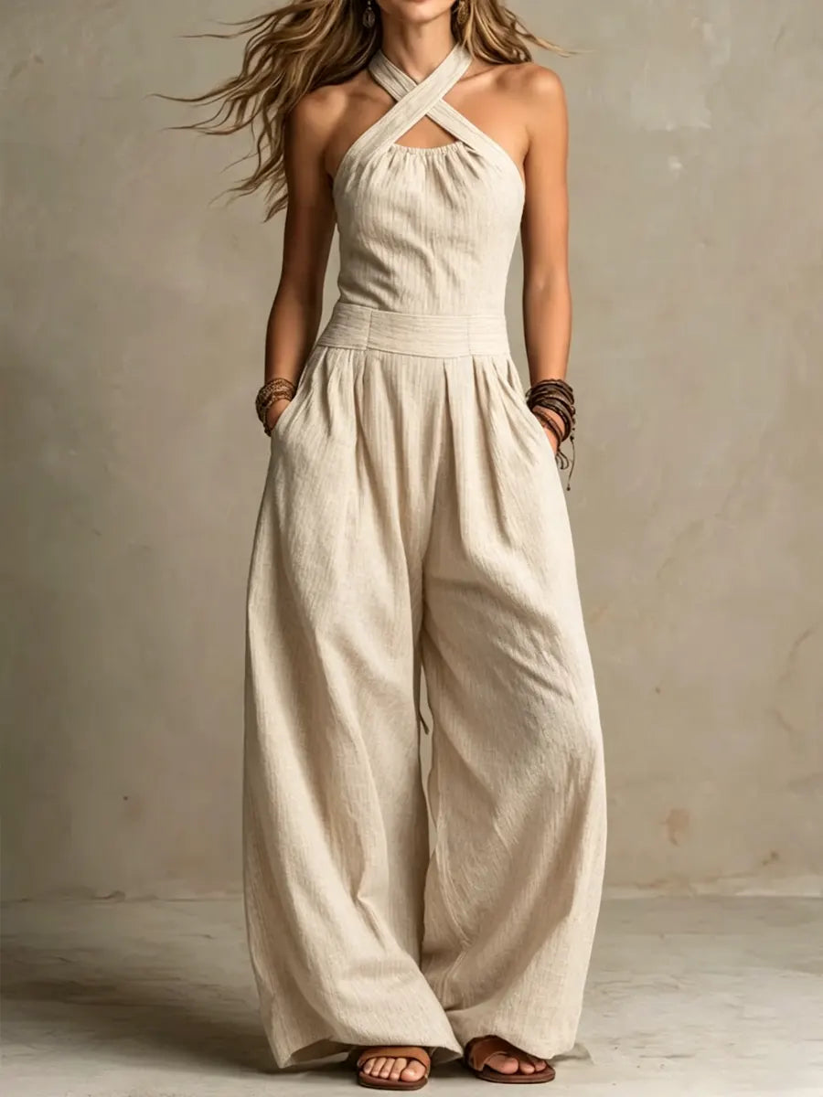 Tess - Elegante Linnen Jumpsuit Dames met Gekruiste Halternek en Palazzo Pijpen