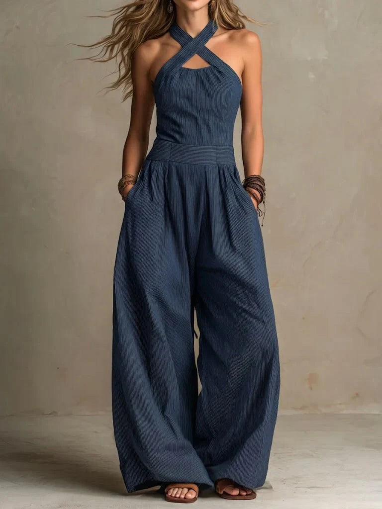 Tess - Elegante Linnen Jumpsuit Dames met Gekruiste Halternek en Palazzo Pijpen