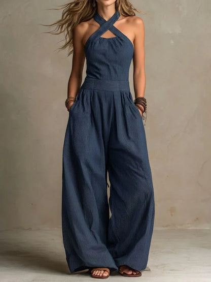 Tess - Elegante Linnen Jumpsuit Dames met Gekruiste Halternek en Palazzo Pijpen