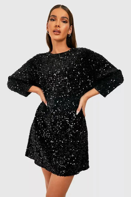 Tess - Kerstjurk dames mini oversized met glitter en ronde hals