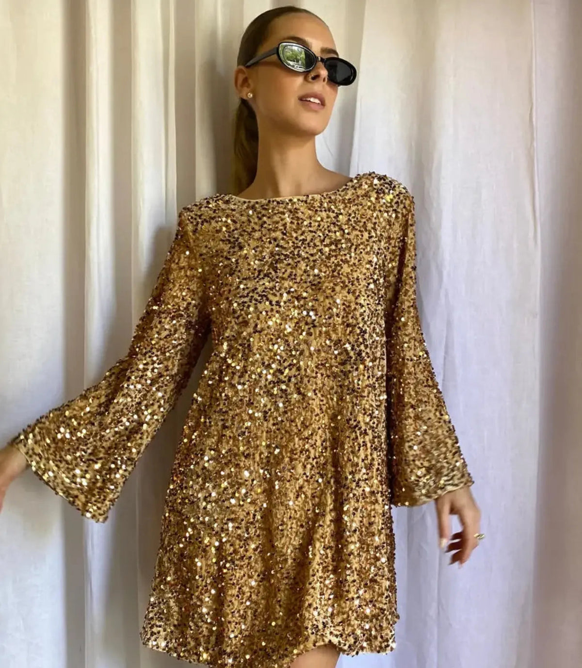Tess - Kerstjurk dames mini oversized met glitter en ronde hals