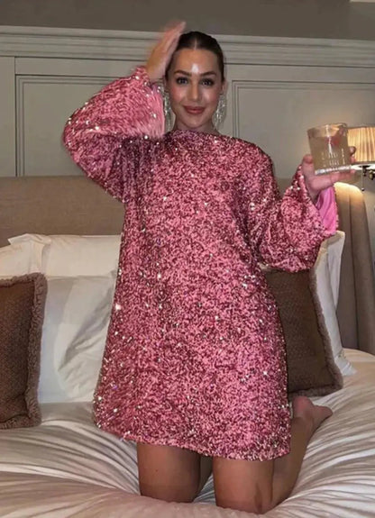 Tess - Kerstjurk dames mini oversized met glitter en ronde hals