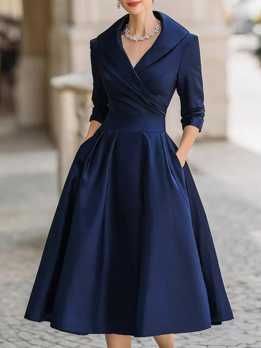 Tess - Vintage Bruiloft Gastenjurk Dames met Wijde A-lijn en Sjaalkraag
