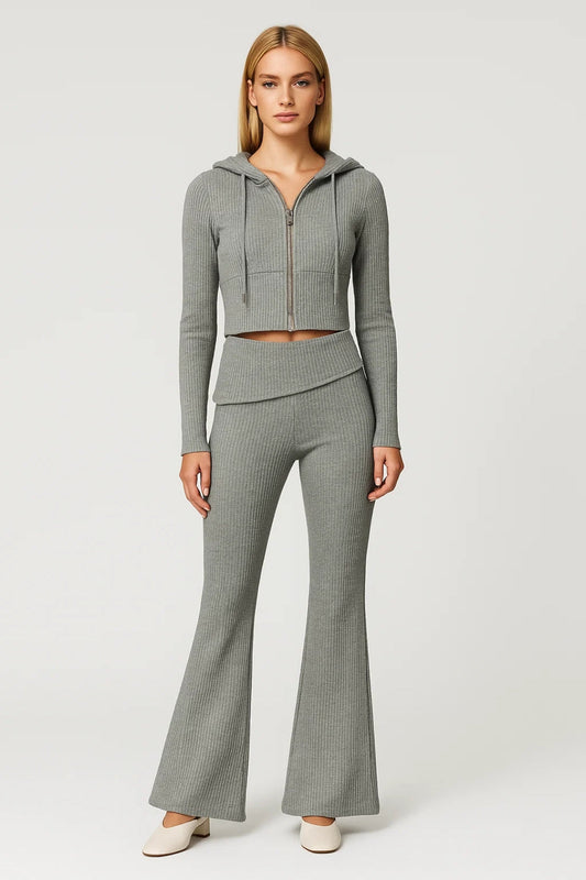 Tweedelige Dames Set | Geribde Lounge Look met Ritsvest | Comfort en Stijl Gecombineerd