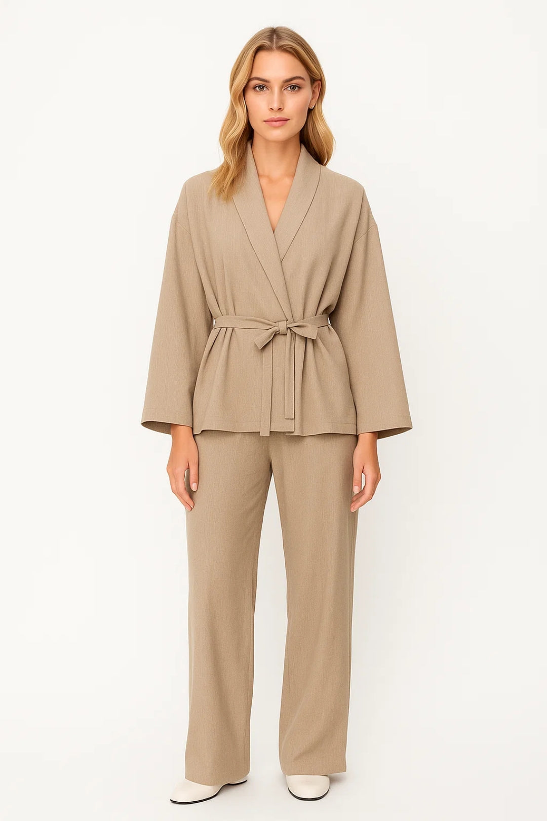 Tweedelige Dames Set | Kimono Blazer met Wijde Broek | Elegante Pasvorm