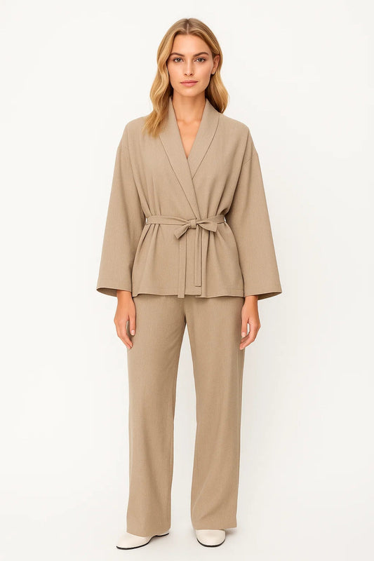Tweedelige Dames Set | Kimono Blazer met Wijde Broek | Elegante Pasvorm