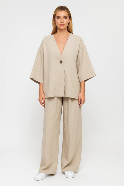 Tweedelige Dames Set | Oversized Look met V-Hals Top | Relaxte Pasvorm voor Elke Dag
