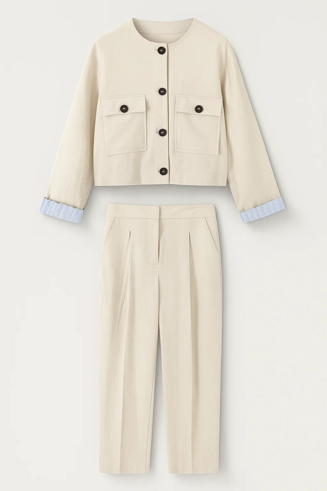 Tweedelige Set | Cropped Jasje met Zakken en Rechte Broek | Minimalistische Zakelijkheid