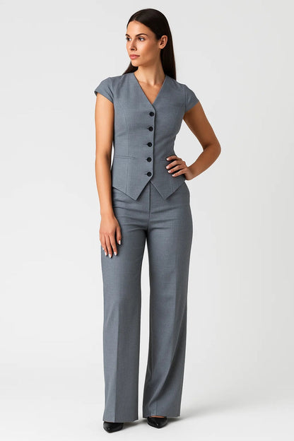Tweedelige Set Dames | Getailleerd Topje met Korte Mouw en Pantalon | Zakelijk en Verfijnd