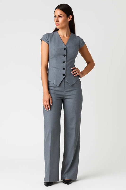 Tweedelige Set Dames | Getailleerd Topje met Korte Mouw en Pantalon | Zakelijk en Verfijnd