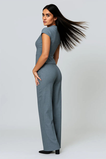 Tweedelige Set Dames | Getailleerd Topje met Korte Mouw en Pantalon | Zakelijk en Verfijnd